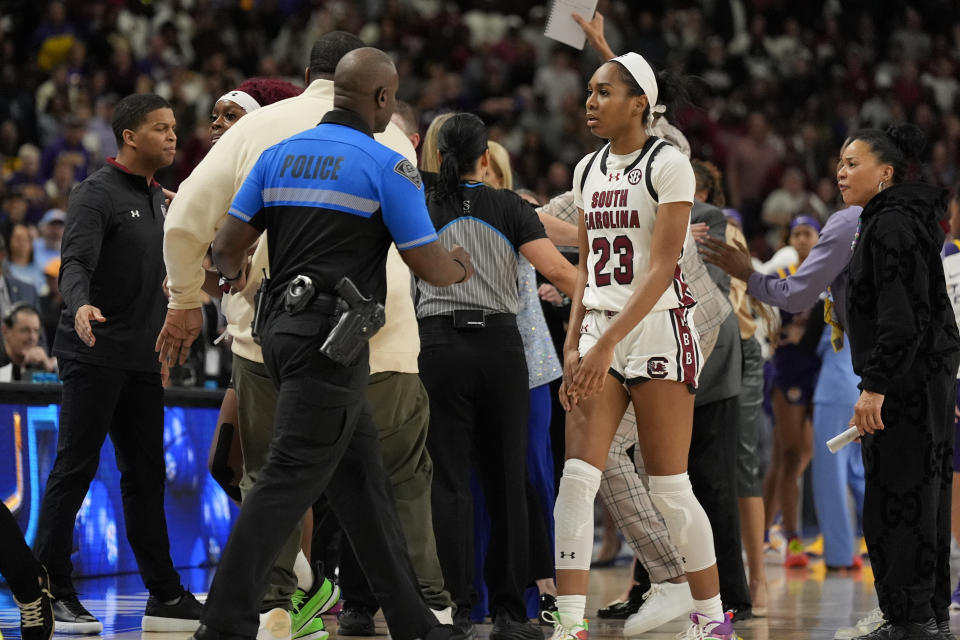 South Carolina guard Bree Hall reacts during a player altercation during the second half of an NCAA college basketball game against LSU at the Southeastern Conference women's tournament final Sunday, March 10, 2024, in Greenville, S.C. (AP Photo/Chris Carlson)