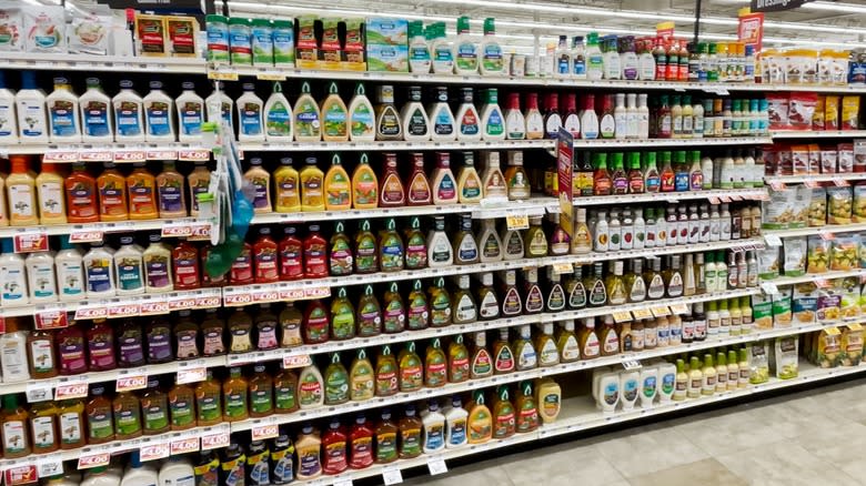 Salad dressings on shelf at store