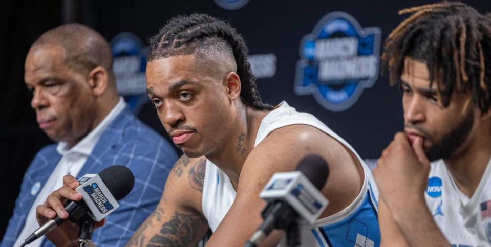 North Carolina coach Hubert Davis, Armando Bacot (5), R.J. Davis (4) and Cormac Ryan (3) takes questions during the media following their 89-87 loss to Alabama in the West Regional Sweet Sixteen on Thursday, March 28, 2024 at Crypto.com Arena in Los Angeles, CA.