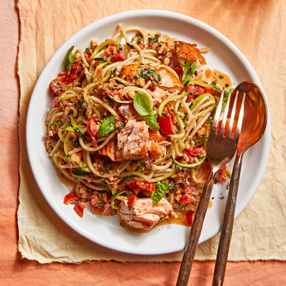 Trapanese Pesto Pasta & Zoodles with Salmon