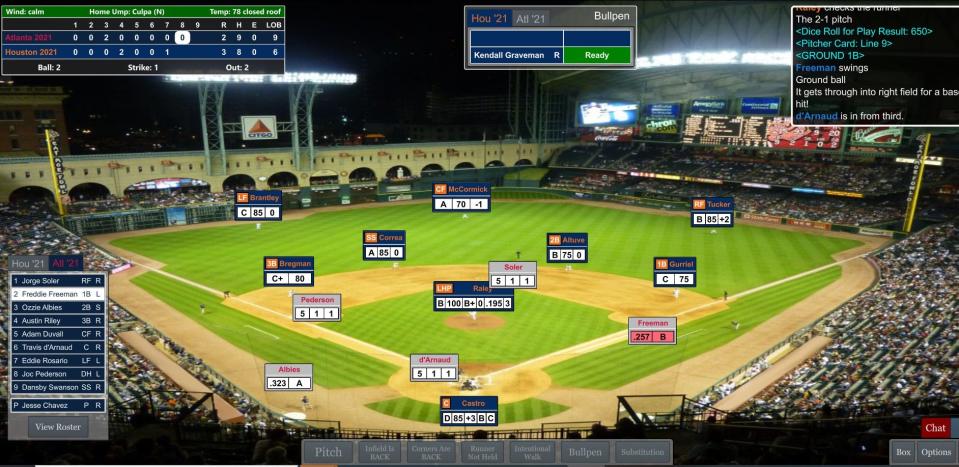 A screenshot of Freddie Freeman's two-out, two-run single that turned a 3-2 Braves deficit into a 4-3 lead over the Astros in Game 1 of the 2021 Simulated World Series.