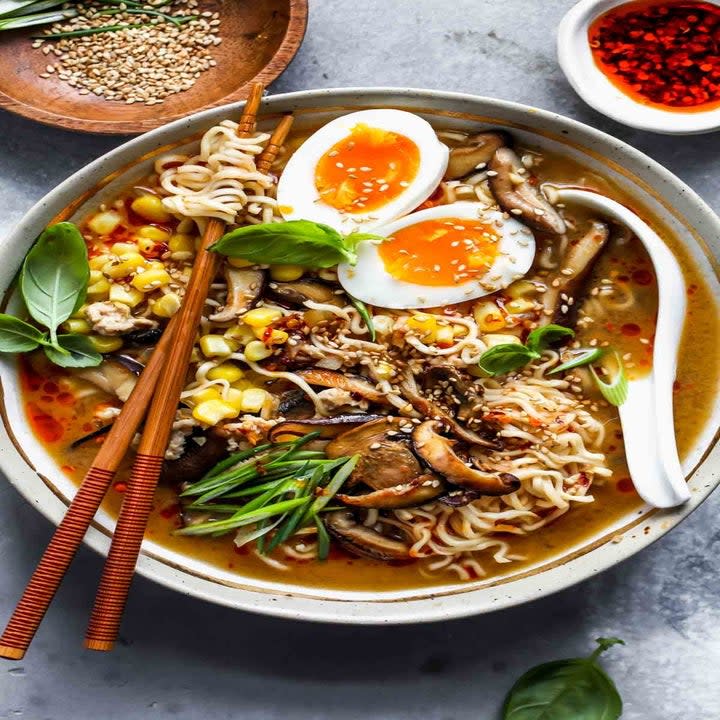 Spicy miso ramen with egg and vegetables.