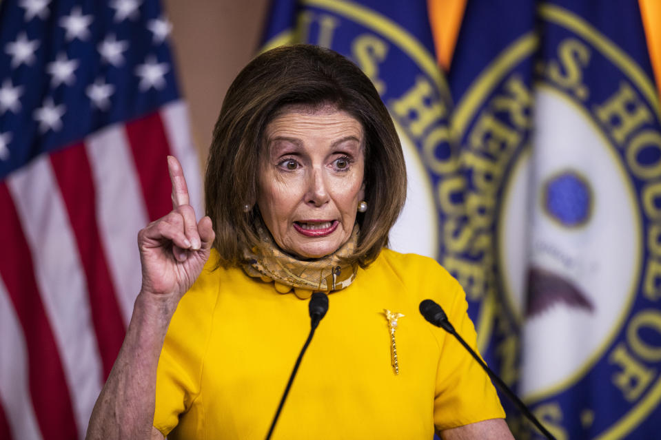 In this May 20, 2020, file photo, House Speaker Nancy Pelosi of Calif., speaks during a news conference on Capitol Hill in Washington. Congress is at a crossroads in the Covid-19 crisis. Lawmakers are wrestling over whether to “go big” as Pelosi wants for the next relief bill or hit “pause” as Senate Majority Leader Mitch McConnell insists. (AP Photo/Manuel Balce Ceneta)