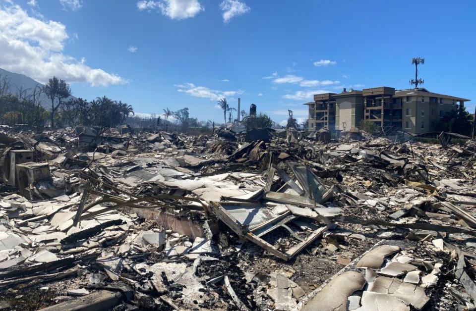 Destroyed buildings and homes are pictured in the aftermath of a wildfire in Lahaina, western Maui, Hawaii.