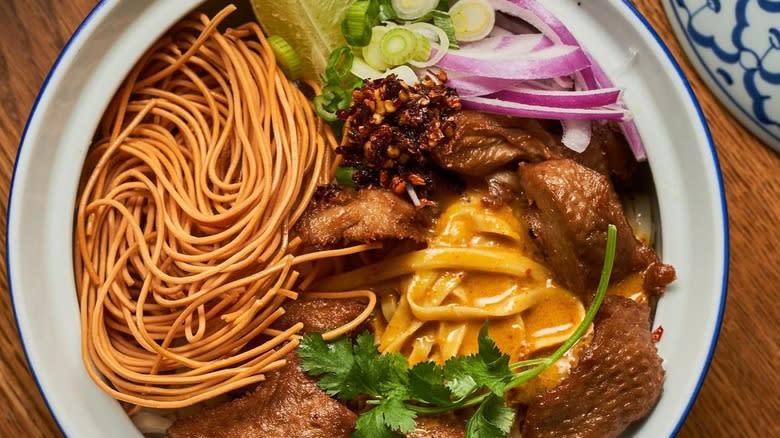 bowl with noodles and mock duck