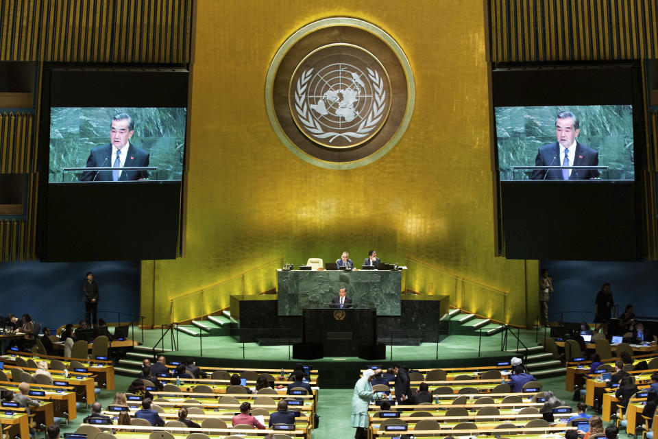 Chinese Foreign Minister Wang Yi addresses the 74th session of the United Nations General Assembly, Friday, Sept. 27, 2019, at the United Nations headquarters.(AP Photo/Kevin Hagen).