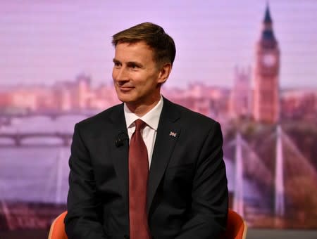 Britain's prime ministerial candidate Jeremy Hunt appears on BBC TV's The Andrew Marr Show in London