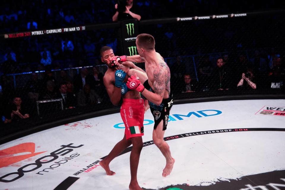 Ricky Bandejas (on offense) of American Top Team in (South Florida) Coconut Creek defeated Frans “Black Mamba” Mlambo at Bellator 240 in February.