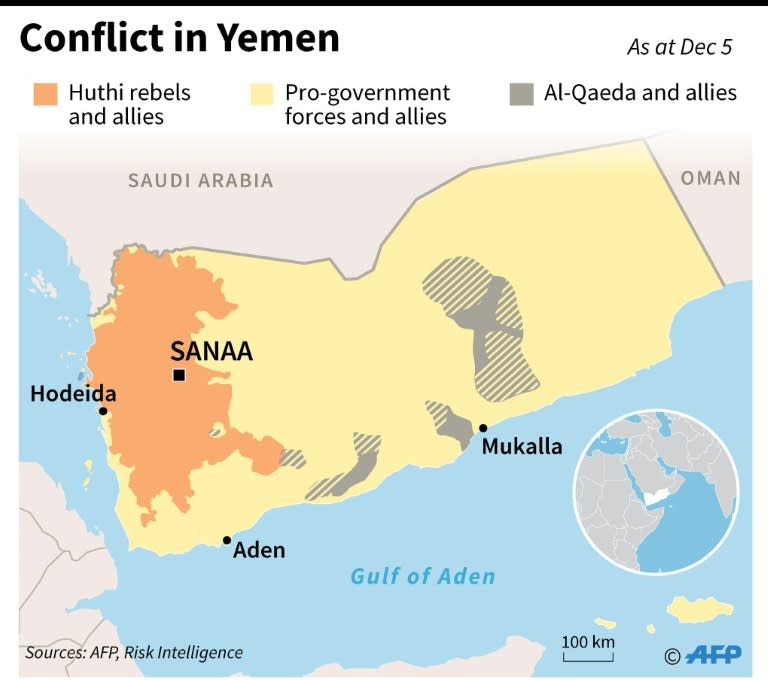 Map showing territorial control in Yemen as of December 5