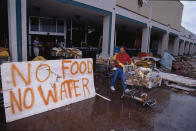 <p>A grocery store posts a sign letting victims of Hurricane Andrew know that they are out of food and water. (Steve Starr/CORBIS/Corbis via Getty Images) </p>