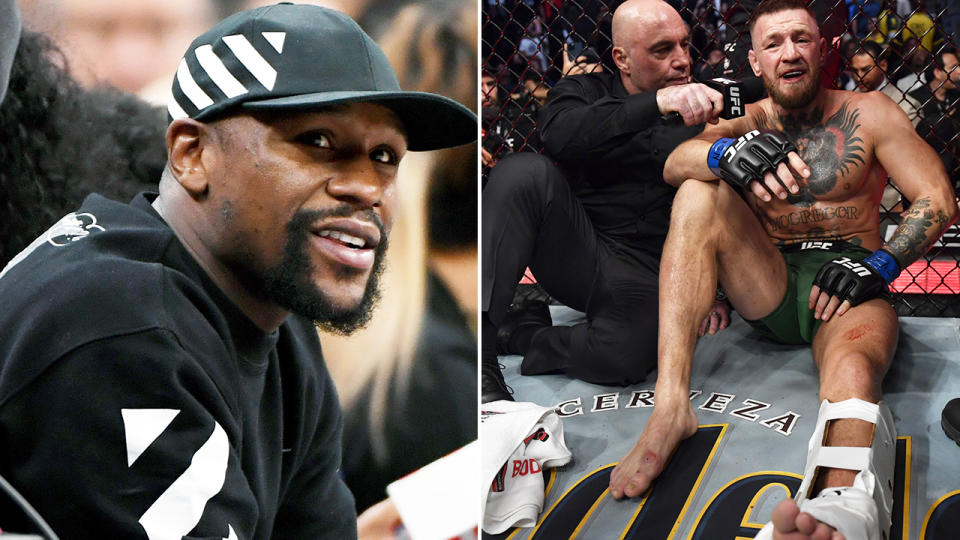 Floyd Mayweather, left, bet $50,000 Conor McGregor, right, would lose at UFC 264.