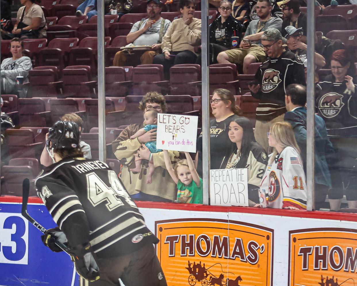 The fans cheer on the Bears during warmups Wednesday during Game 1 of Hershey's playoff series vs. Lehigh Valley. After Saturday's Game 2 victory, the Bears now hold a two-game lead.