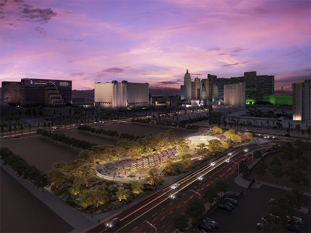 This rendering provided by Clark County on June 2, 2023, shows one of five potential designs for a permanent memorial to be built on the Las Vegas Strip in honor of the victims, survivors and first responders of the Oct. 1, 2017, mass shooting that left 60 dead and hundreds more injured at a country music festival in Las Vegas. The rampage was the deadliest mass shooting in modern America. (Courtesy of Clark County via AP)