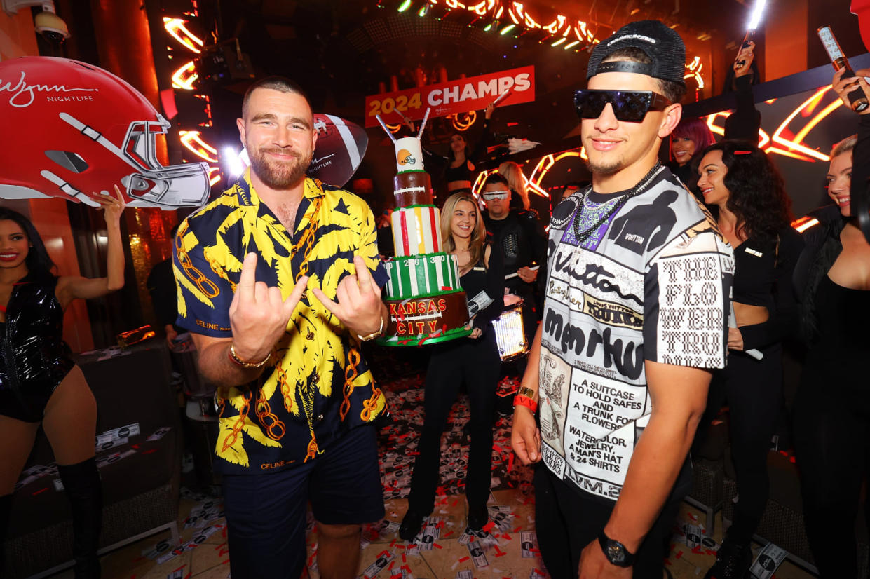 Patrick Mahomes, Travis Kelce and the Chiefs celebrate their Super Bowl win. (Courtesy XS Nightclub at Wynn Las Vegas)