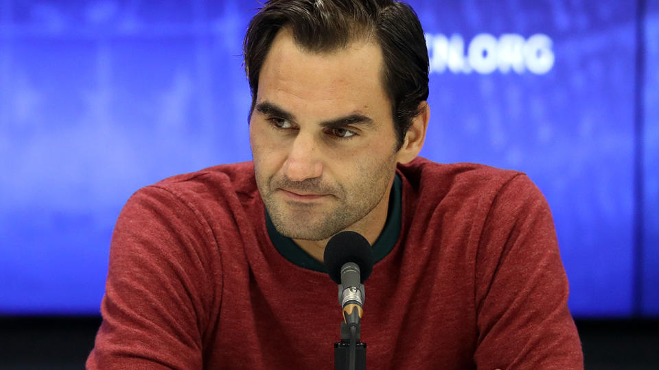 Roger Federer holds a press conference after his defeat against John Millman. (Photo by Mohammed Elshamy/Anadolu Agency/Getty Images)