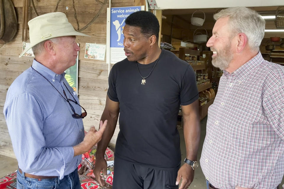 FILE - Republicans Senate candidate Herschel Walker, center, talks with Georgia state Sen. Butch Miller, left, and former state Rep. Terry Rogers as Walker campaigns July 21, 2022, in Alto, Ga. Walker has plenty to say about how his Democratic rival, Sen. Raphael Warnock, does his job in Washington. But he is considerably less revealing about what he'd do with the role himself. (AP Photo/Bill Barrow, File)