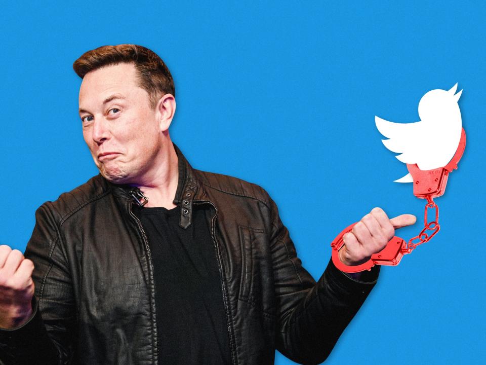 Elon Musk handcuffed to Twitter logo 4x3