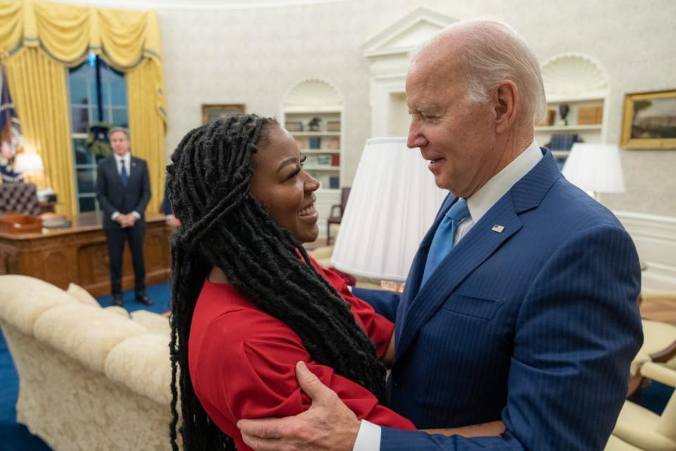 In this handout released by The White House, President Joe Biden meets Cherelle Griner about the release of Brittney Griner in the Oval Office of the White House on December 8, 2022 in Washington, DC.(Photo by Adam Schultz/ The White House via Getty Images)