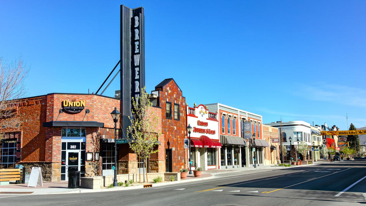 Carson City, Nevada, USA - April 24, 2019: Daytime view of breweries and stores along N Carson Street in the Historic District.