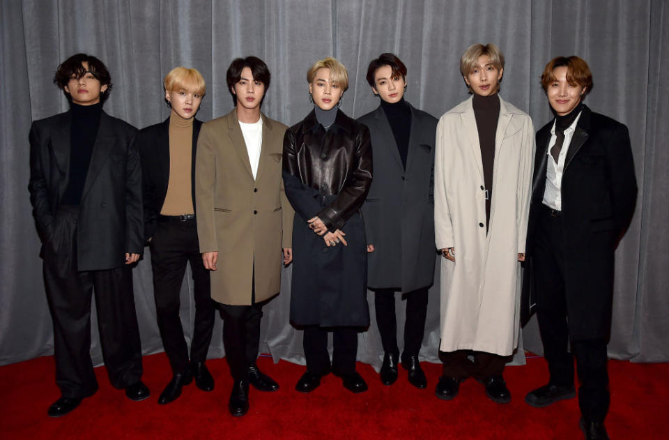 LOS ANGELES, CALIFORNIA - JANUARY 26: BTS attends the 62nd Annual GRAMMY Awards at STAPLES Center on January 26, 2020 in Los Angeles, California. (Photo by John Shearer/Getty Images for The Recording Academy) RM, Jimin, V, J-Hope, Suga, Jin, Jungkook