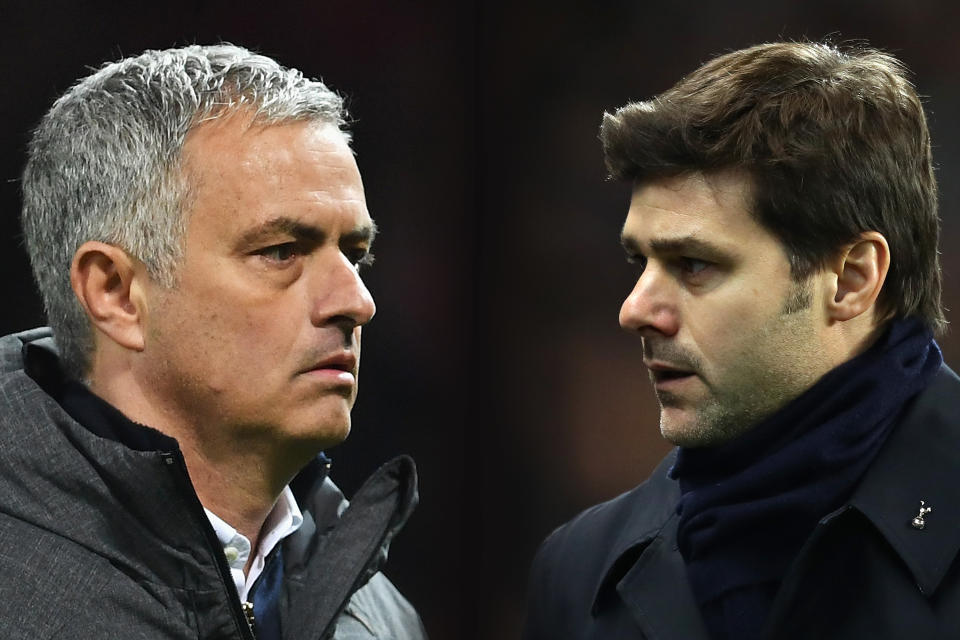 FILE PHOTO (EDITORS NOTE: GRADIENT ADDED - COMPOSITE OF TWO IMAGES - Image numbers (L) 670853046 and 632296086) In this composite image a comparision has been made between Jose Mourinho manager of Manchester United (L) and Mauricio Pochettino, Manager of Tottenham Hotspur. Manchester United and Tottenham Hotspur meet in a Premier League match on October 28, 2017 at Old Trafford in Manchester.  ****LEFT IMAGE*** MANCHESTER, ENGLAND - APRIL 20: Jose Mourinho manager of Manchester United looks on after the UEFA Europa League quarter final second leg match between Manchester United and RSC Anderlecht at Old Trafford on April 20, 2017 in Manchester, United Kingdom. Manchester United reach the semi-finals 3-2 on aggregate. (Photo by Laurence Griffiths/Getty Images) ***RIGHT IMAGE*** MANCHESTER, ENGLAND - JANUARY 21: Mauricio Pochettino, Manager of Tottenham Hotspur looks on during the Premier League match between Manchester City and Tottenham Hotspur at the Etihad Stadium on January 21, 2017 in Manchester, England. (Photo by Clive Mason/Getty Images)