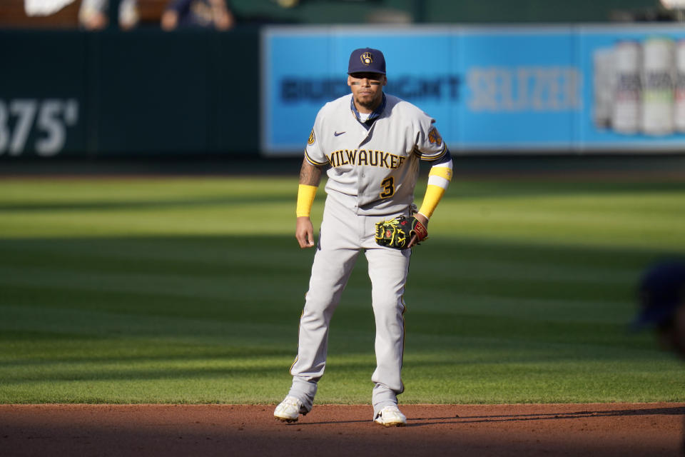 Milwaukee Brewers shortstop Orlando Arcia takes up his position during the third inning in the first game of a baseball doubleheader against the St. Louis Cardinals Friday, Sept. 25, 2020, in St. Louis. (AP Photo/Jeff Roberson)