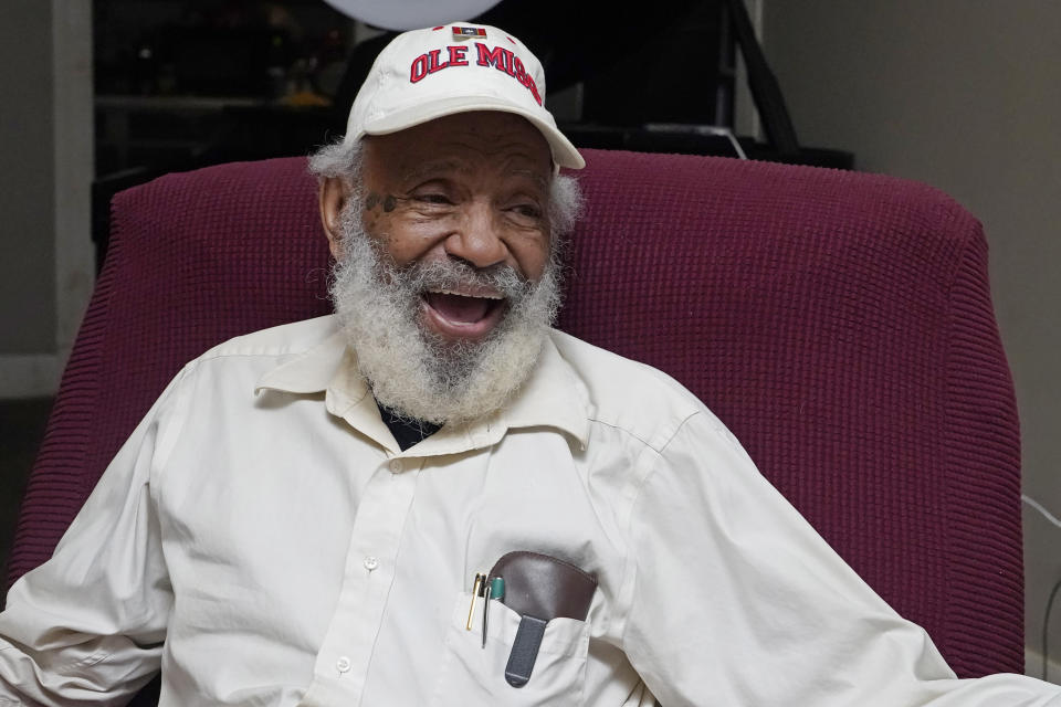 James Meredith, who integrated the University of Mississippi as its first Black student in 1962, reflects on his efforts to dismantle white supremacy and his mission to promote religious revival, at his home in Jackson, Miss., Thursday, Oct. 28, 2021. A person close to Meredith is selling “New Miss” merchandise and trying to trademark a logo with cursive script that is nearly identical to the university's Ole Miss logo. The university is fighting the trademark effort. (AP Photo/Rogelio V. Solis)