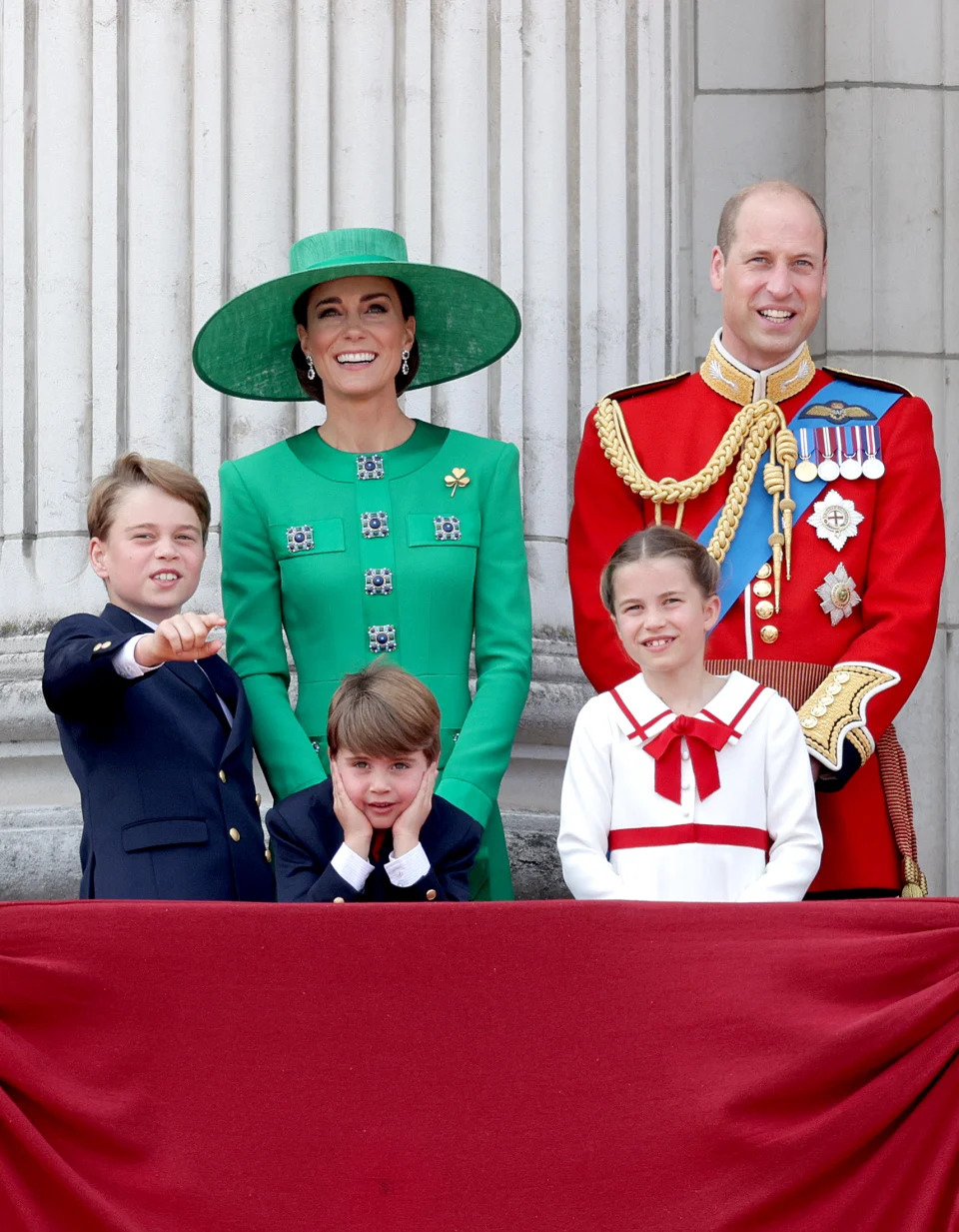 LONDON, ENGLAND - JUNE 17: Prince William, Prince of Wales, Prince Louis of Wales, Catherine, Princess of Wales , Princess Charlotte of Wales and Prince George of Wales on the Buckingham Palace balcony during Trooping the Colour on June 17, 2023 in London, England. Trooping the Colour is a traditional parade held to mark the British Sovereign's official birthday. It will be the first Trooping the Colour held for King Charles III since he ascended to the throne. (Photo by Chris Jackson/Getty Images)