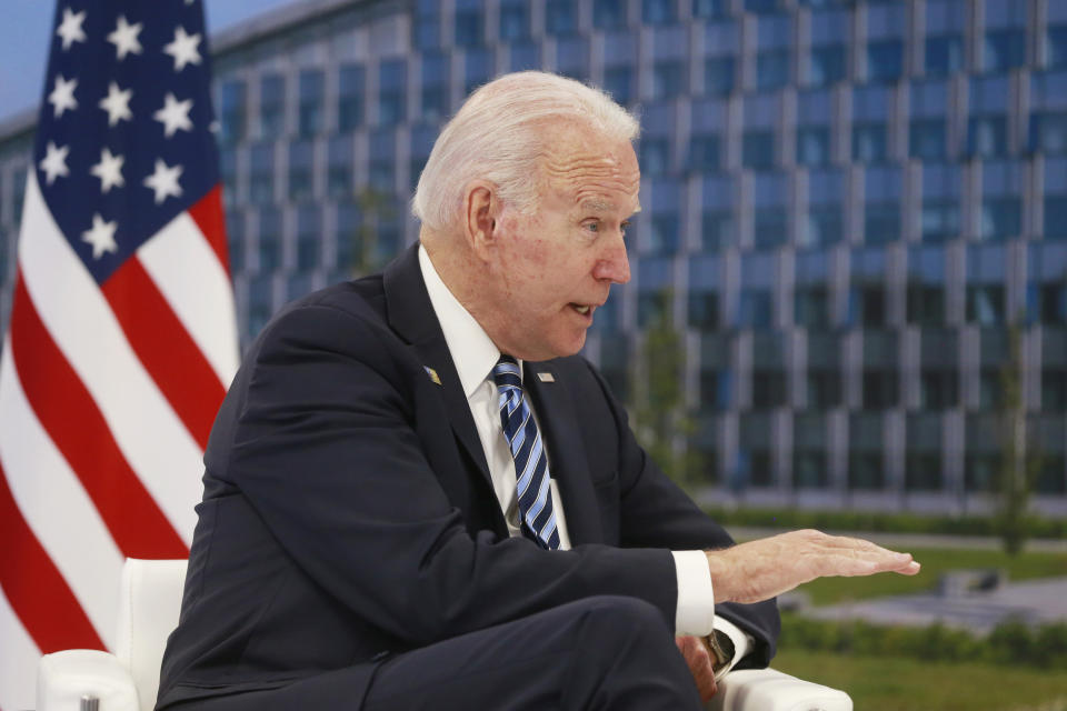 U.S. President Joe Biden speaks during a bilateral meeting with NATO Secretary General Jens Stoltenberg on the sidelines of a NATO summit at NATO headquarters in Brussels, Monday, June 14, 2021. U.S. President Joe Biden is taking part in his first NATO summit, where the 30-nation alliance hopes to reaffirm its unity and discuss increasingly tense relations with China and Russia, as the organization pulls its troops out after 18 years in Afghanistan. (Stephanie Lecocq, Pool via AP)