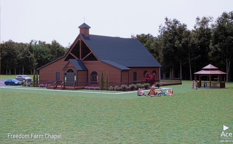 Jan 30, 2023; Tuscaloosa, AL, USA;  This is an artistÕs depiction of the Freedom Farm Chapel as displayed during the dedication of the Freedom Farm, a place that will provide housing for foster families near Coker. 