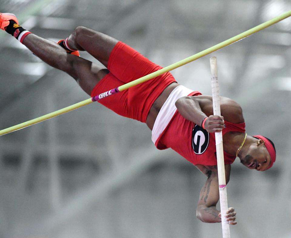 Georgia's Kyle Garland cleared 16 feet, 4 3/4 inches in the pole vault Friday at the Sports Performance Center. Garland's winning score of 6,415 points in the indoor heptathlon was second in NCAA history and tied for eighth in the world all-time.