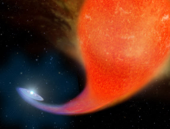 This artist's illustration depicts the birth of a blue straggler star as it siphons off material from a companion red giant star.
