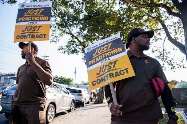 PHOTO: UPS workers 'practice picket' at Teamsters Local 804, outside of a UPS facility on July 6, 2023 in the Brooklyn. N.Y. (Brittainy Newman/AP)