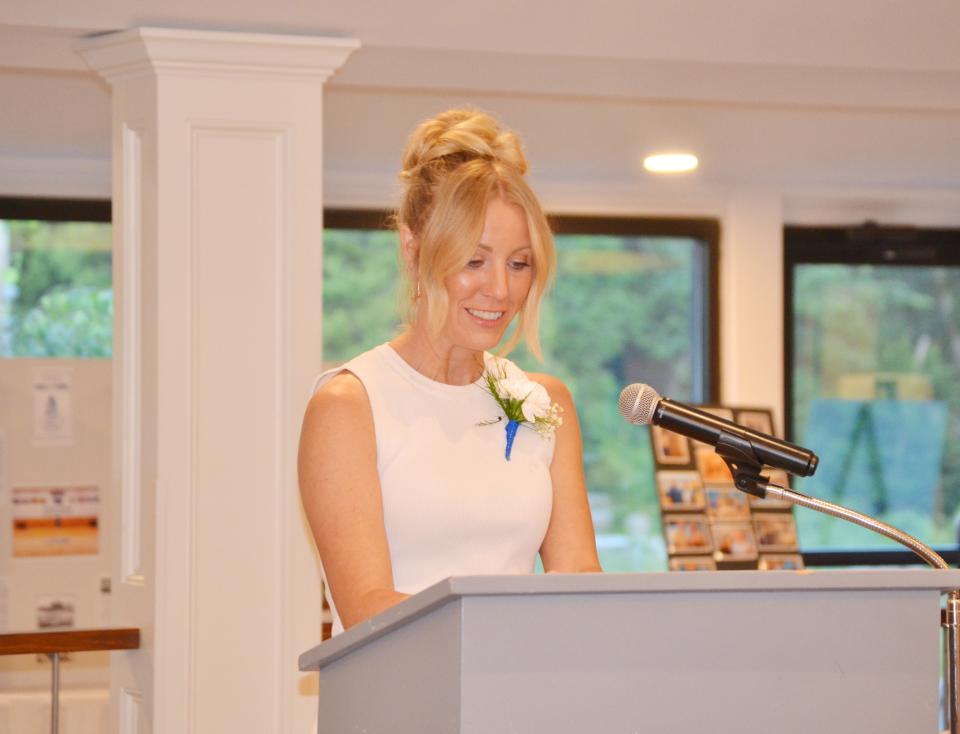 Karin (Knutsen) Barrows speaks during the Fairhaven High Hall of Fame Induction.