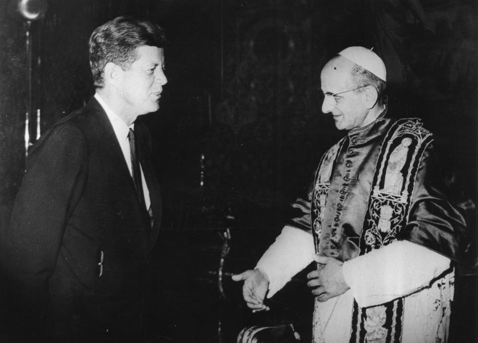 John F. Kennedy, the nation’s first Roman Catholic President, greets the newly elected Pope Paul VI at the Vatican in July 1963<span class="copyright">Keystone/Getty Images</span>
