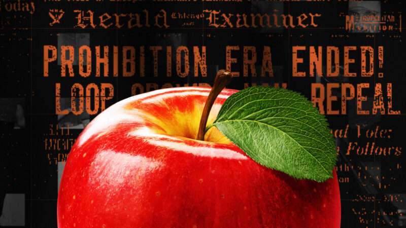 An apple in the foreground, against a background of headlines announcing the end of Prohibition.