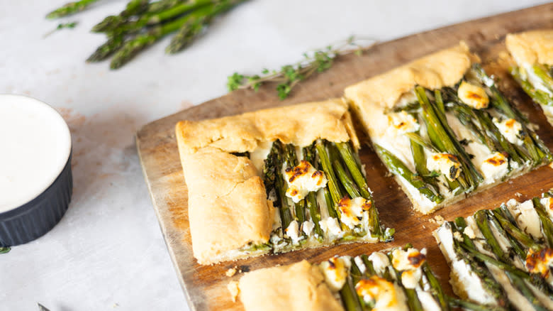 cut asparagus galette on board