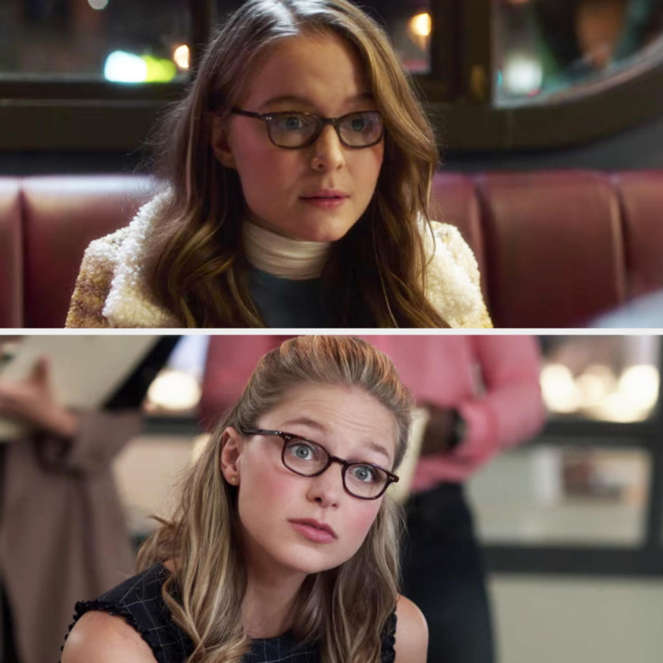 Melissa Benoist as Kara Danvers in two different scenes from a TV series, both wearing glasses