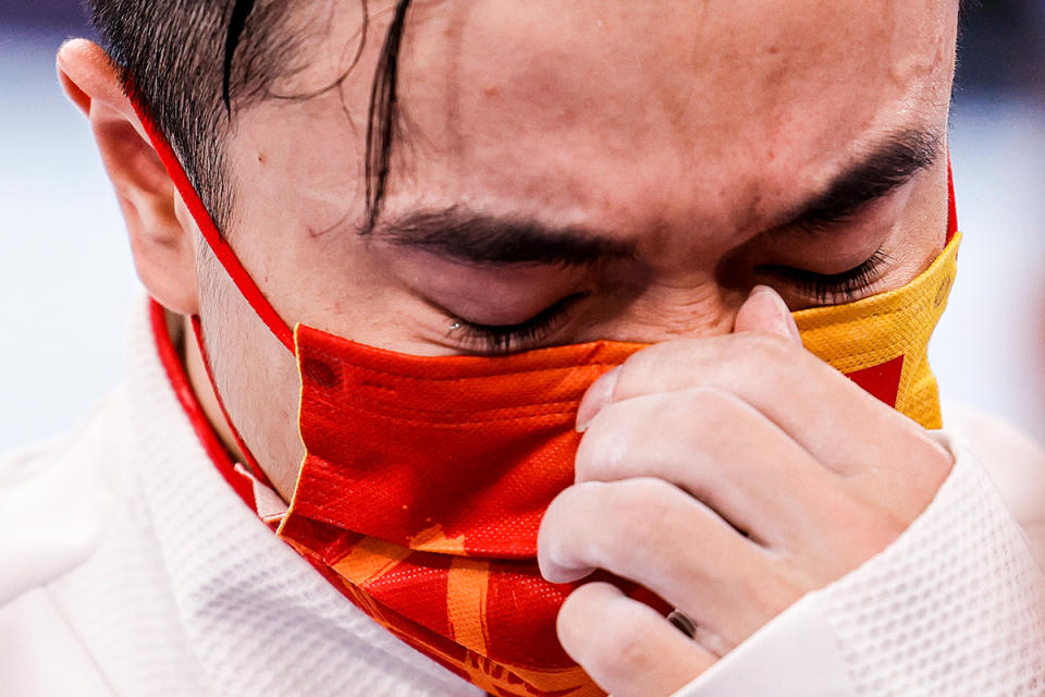 <p>Liu Yang of China sheds a tear as he celebrates after winning the gold medal in the Mens Rings Final at Ariake Gymnastics Centre on August 2.</p>