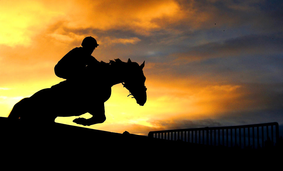 <p>A runner takes a flight during the Devon County Show Conditional Jockeys Handicap Hurdle at Exeter Racecourse on November 26, 2017 in Exeter, England. (Photo by Harry Trump/Getty Images) </p>