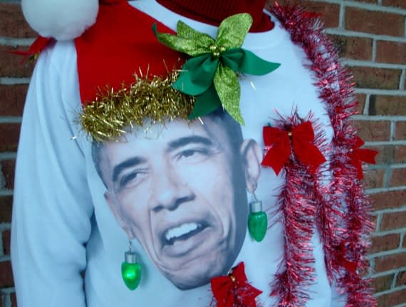 <p><strong>Obama Ugly Christmas Sweater:</strong> Probably not how <em>I'd</em> like to bid farewell to President Obama, but to each his or her own?</p> <p><a rel="nofollow noopener" href="https://www.etsy.com/uk/listing/205764888/obama-ugly-christmas-sweaters-funny?mbid=synd_yahoostyle" target="_blank" data-ylk="slk:Etsy.com;elm:context_link;itc:0;sec:content-canvas" class="link ">Etsy.com</a>, $69</p>