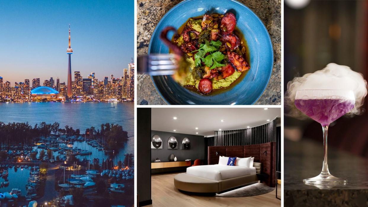 a collage of a cocktail, a plate of food, a hotel room, and the toronto city skyline