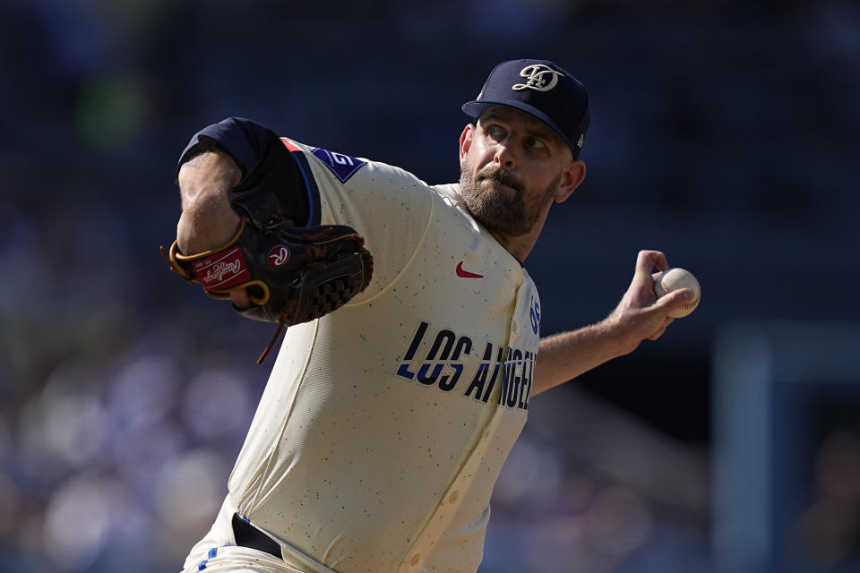 Los Angeles Dodgers starting pitcher James Paxton throws to the plate during the second inning of a baseball game against the Milwaukee Brewers Saturday, July 6, 2024, in Los Angeles. (AP Photo/Mark J. Terrill)