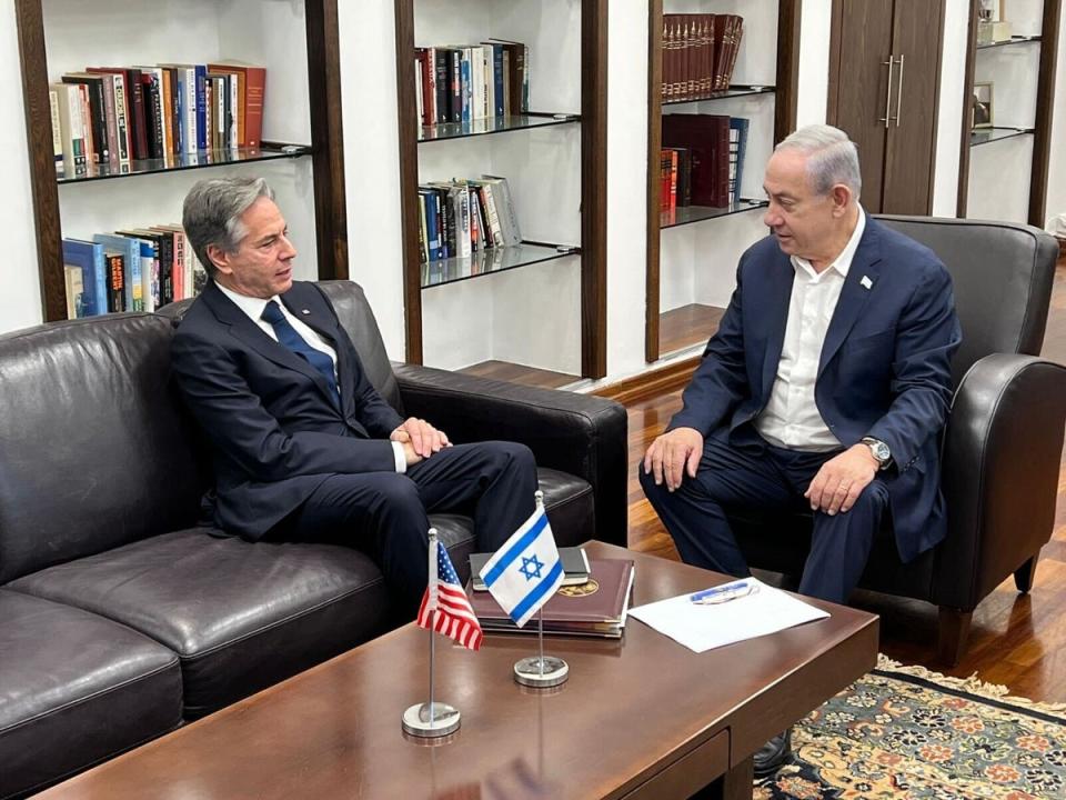 Antony Blinken, left, and Benjamin Netanyahu in Tel Aviv on Friday (Amos Ben-Gershom/GPO)