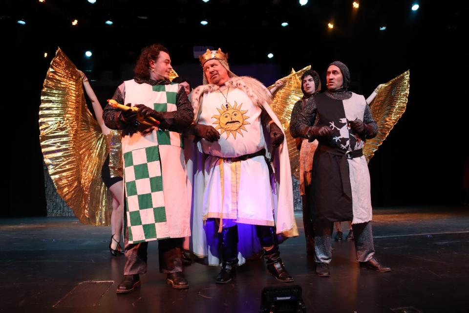 Tanner Berry, left, Sean McCall, Chase Cashion and Matthew Aaron perform a scene from the Four Corners Musical Theatre Company production of "Monty Python's Spamalot!"