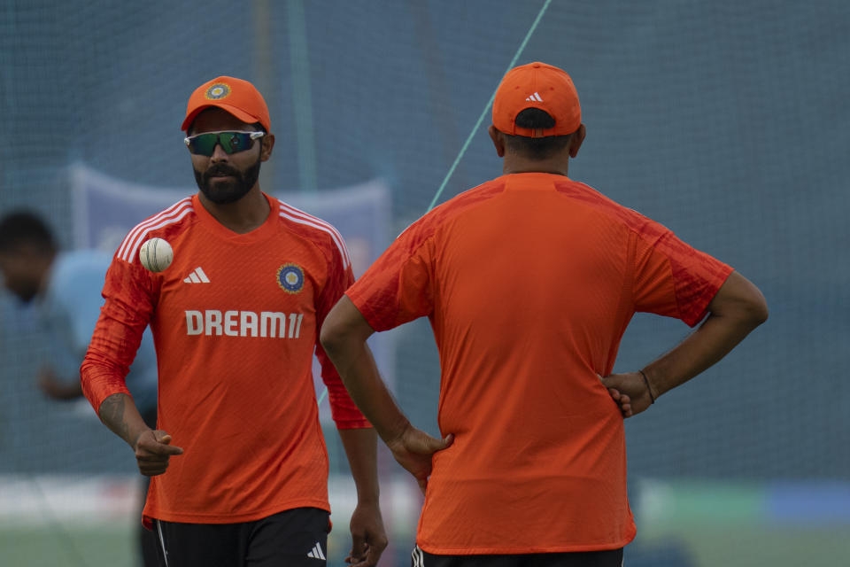 India's Ravindra Jadeja attends a training session ahead of the ICC cricket world cup match against Bangladesh in Pune, India, Wednesday, Oct. 18, 2023. (AP Photo/Rafiq Maqbool)