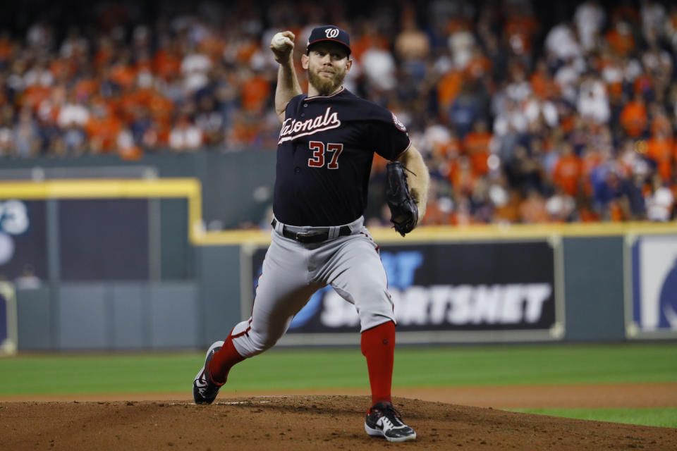 FILE - Washington Nationals starting pitcher Stephen Strasburg throws during the first inning of Game 6 of the baseball World Series against the Houston Astros on Oct. 29, 2019, in Houston. Strasburg, the 2019 World Series MVP whose career was derailed by injuries, officially was listed by Major League Baseball on Saturday, April 6, 2024, as being retired. (AP Photo/Matt Slocum, File)