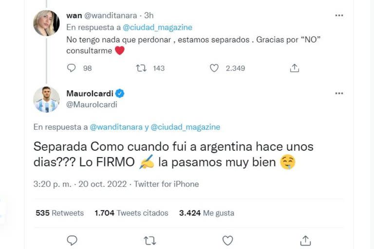 La respuesta de Mauro Icardi a Wanda Nara dio a entender que habían estado juntos cuando él estuvo en Buenos Aires a principios de octubre, una versión que no coincide con la de su ex