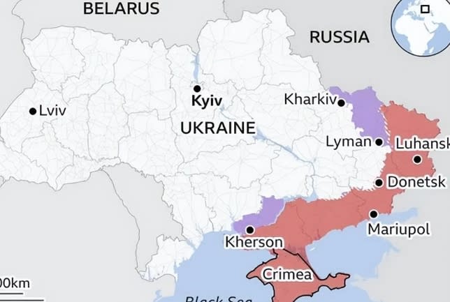 俄羅斯目前在烏克蘭的佔領區(橘色部分)，其中俄軍在頓涅茨克 ( Donetsk ) 區爆發內鬥。 圖 : 翻攝自第一軍情