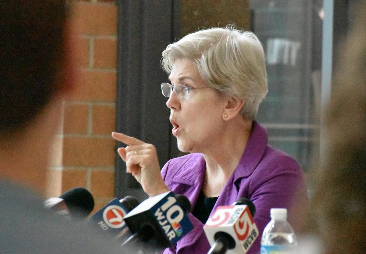 U.S. Senator Elizabeth Warren speaks at Kuss Middle School Tuesday August 6, 2024.